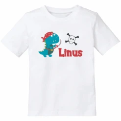 Schnullireich Kinder T-Shirt Mit Namen (Kurzarm) Piraten-Dino Weiß